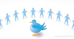 Twitter Vogel und Community Hand in Hand im Halbkreis