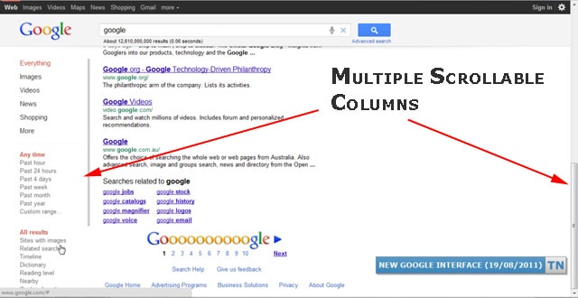 Google testet neues Design: 2-Spalten-Scrollbalken-Layout.