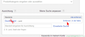 Screenshot Adwords Keyword-Planer: Land entferne und Ort eingeben