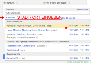 Screenshot Adwords Keyword-Planer: Zielort oder Zielregion für die Keywordanalyse eingeben