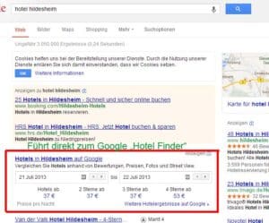 Screenshot organische SERPs von Google mit Hotel Finder auf Platz 1