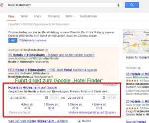 Screenshot organische SERPs von Google mit Hotel Finder auf Platz 1