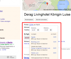 Via Google Knowledge Graph lassen sich Preinangebote zum Hotel einholen Screenhost Google Knowledge Graph Hotel